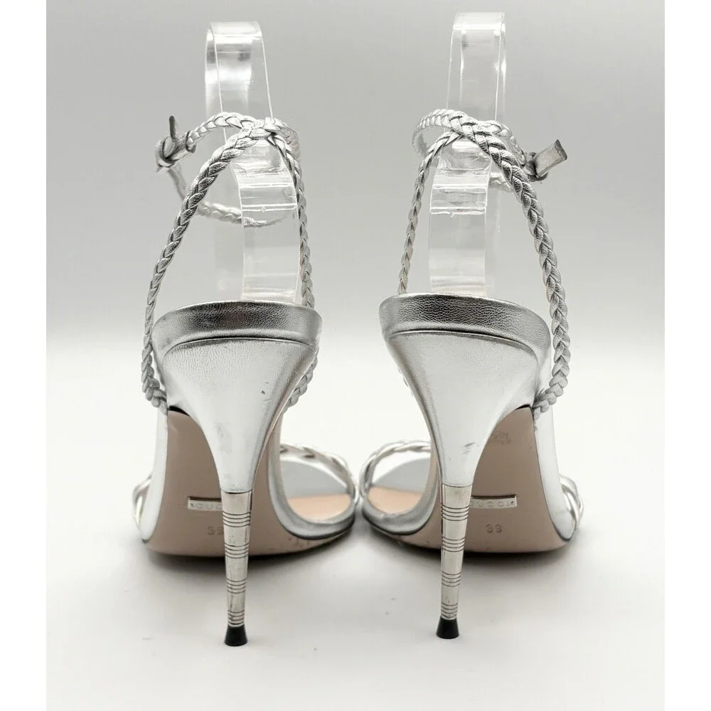 Gucci Silver Braided Strap Nappa Leather Stiletto Heels Sandals SZ EU 39 - Picture 7 of 15
